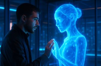 From ChatGPT to Bard: AI's Wild Evolution - Futuristic yet emotional image showing a human interacting with an AI hologram in a modern setting