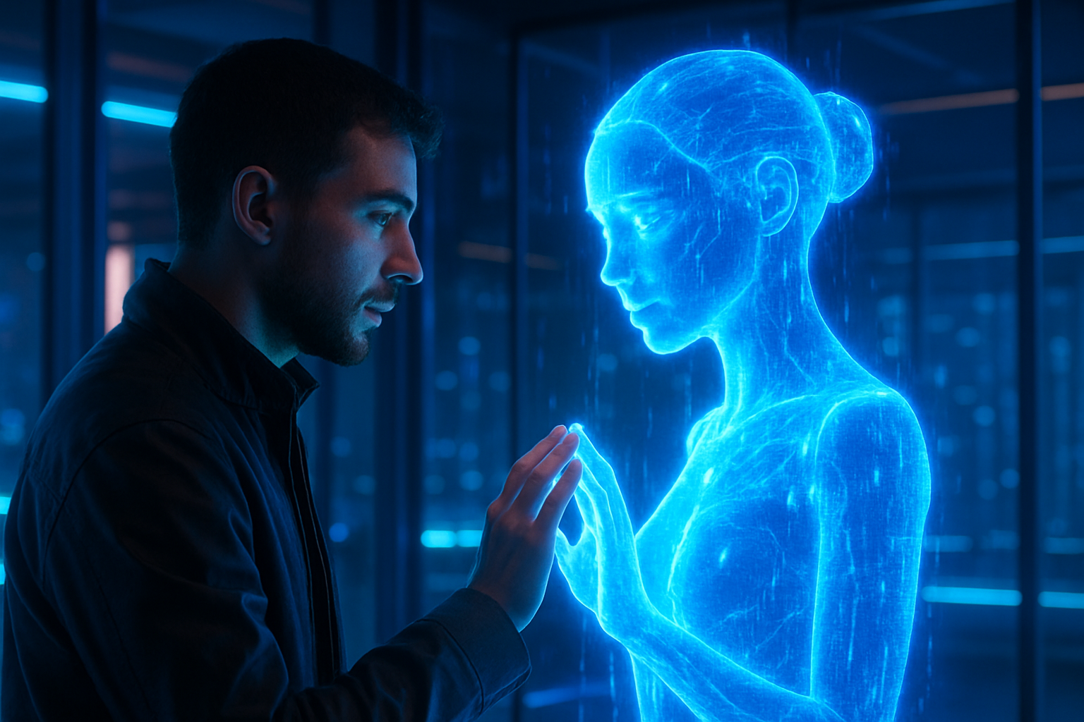 From ChatGPT to Bard: AI's Wild Evolution - Futuristic yet emotional image showing a human interacting with an AI hologram in a modern setting