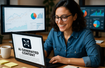 Top AI Writing Tools Marketers Love in 2023 - A busy marketer smiling at a laptop with AI-generated content on screen, surrounded by coffee, notes, and digital screens showing analytics