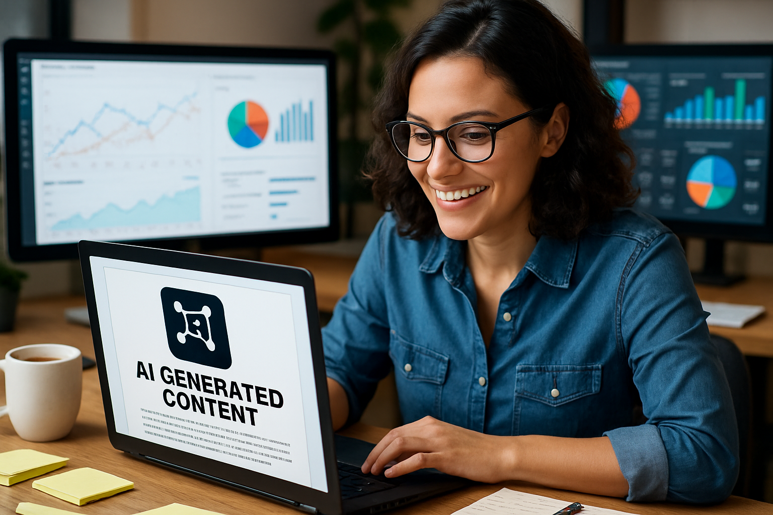 Top AI Writing Tools Marketers Love in 2023 - A busy marketer smiling at a laptop with AI-generated content on screen, surrounded by coffee, notes, and digital screens showing analytics