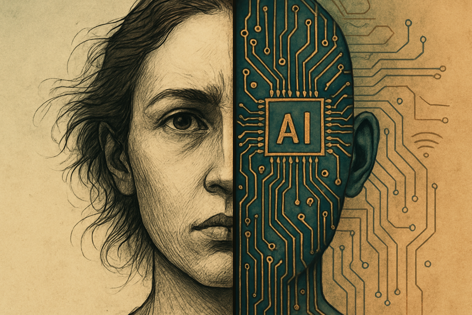AI Ethics: Are We Creating a Monster? - Thought-provoking image of a human face split with an AI circuit board, symbolizing the tension between technology and humanity