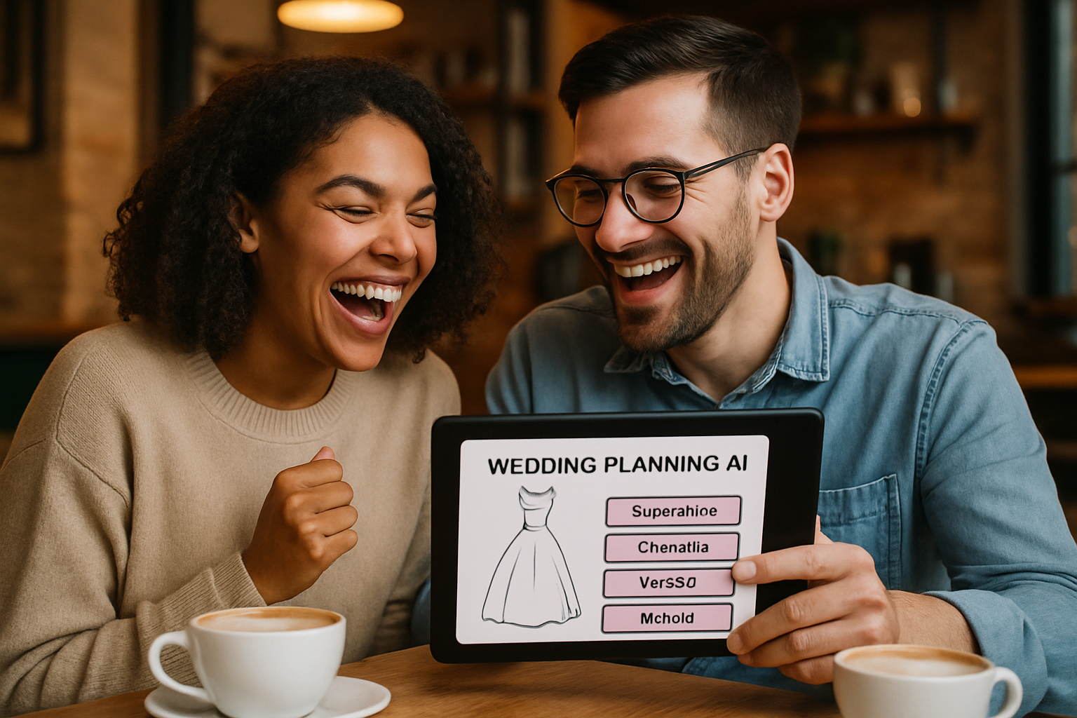 Make Your Wedding Unforgettable With AI Magic - Modern couple laughing and interacting with wedding planning AI app on a tablet in a cozy cafe