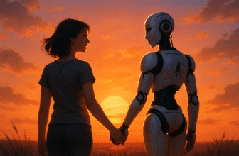 How AI Is Changing the Game in Online Dating - Playful image of a human and a robot holding hands with a sunset background, representing digital romance