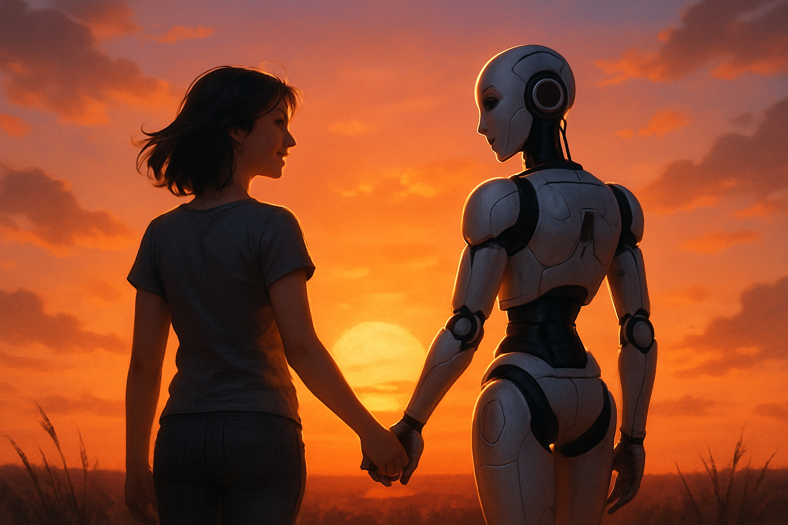 How AI Is Changing the Game in Online Dating - Playful image of a human and a robot holding hands with a sunset background, representing digital romance