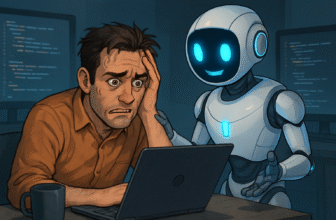 How AI Is Fixing Your Bugs Before You Blink - A stressed-out developer being helped by a friendly, futuristic AI assistant