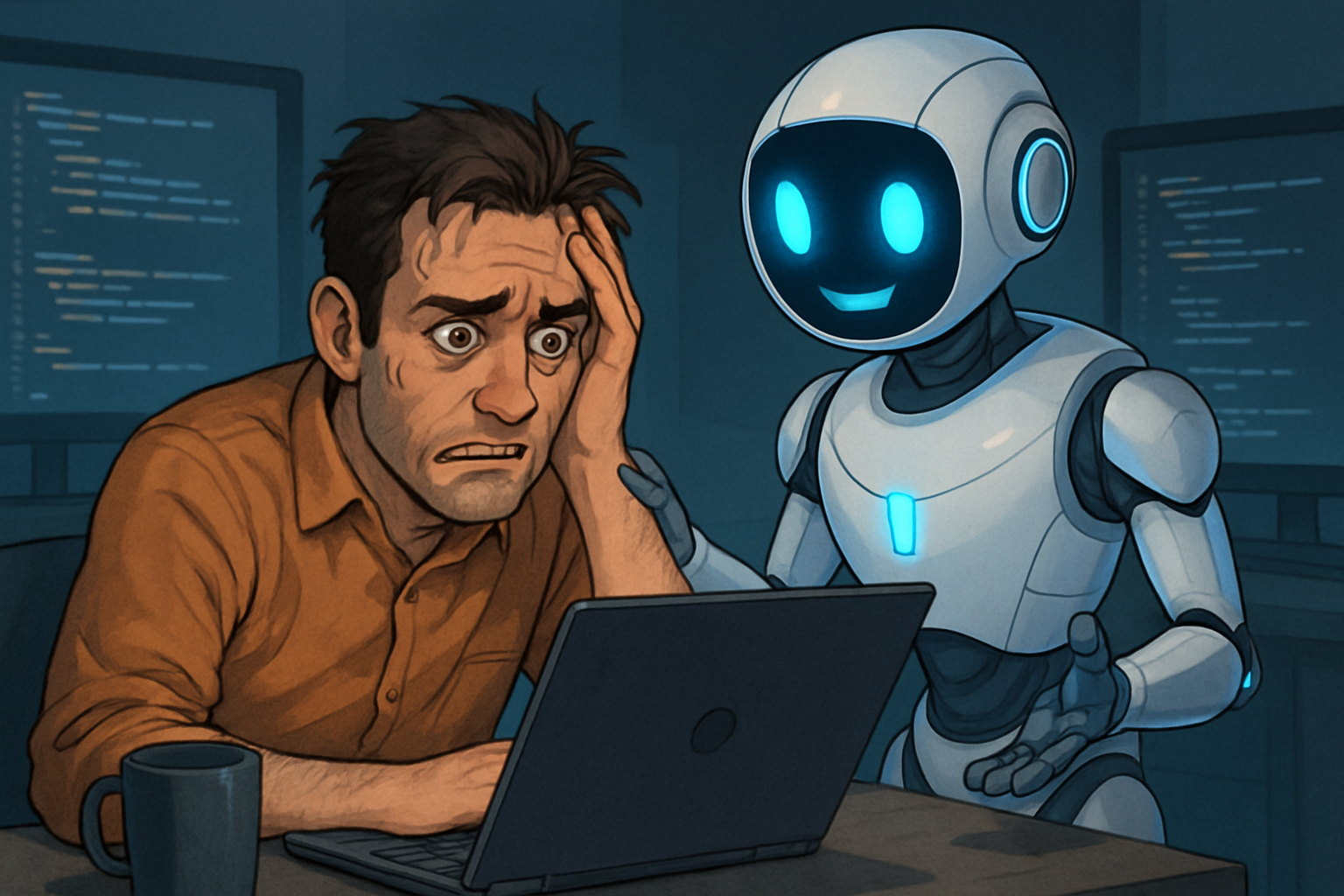 How AI Is Fixing Your Bugs Before You Blink - A stressed-out developer being helped by a friendly, futuristic AI assistant