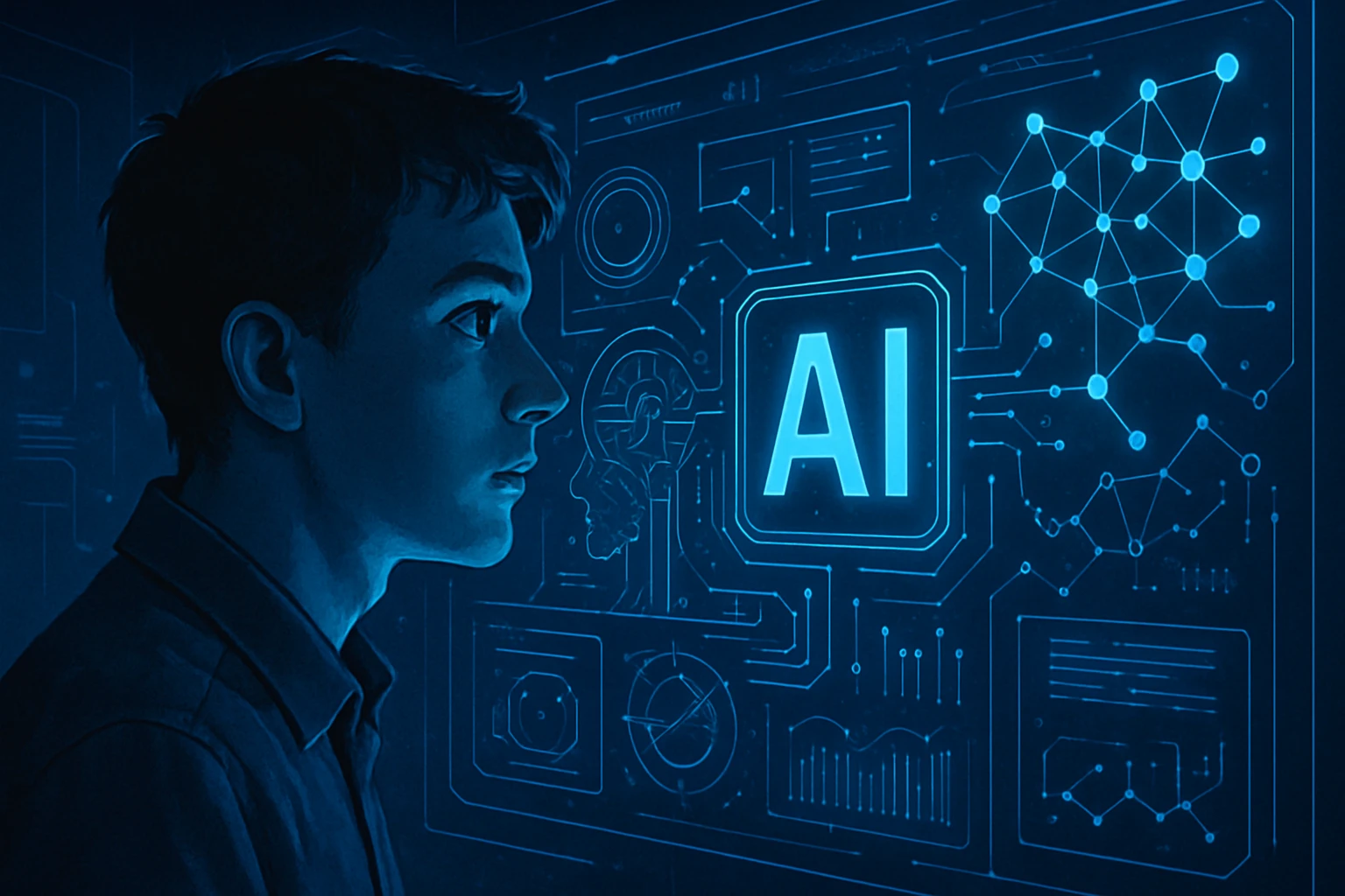Build Your Own Clone: Best Open-Source AI Tools - Curious person looking at a futuristic screen with AI elements