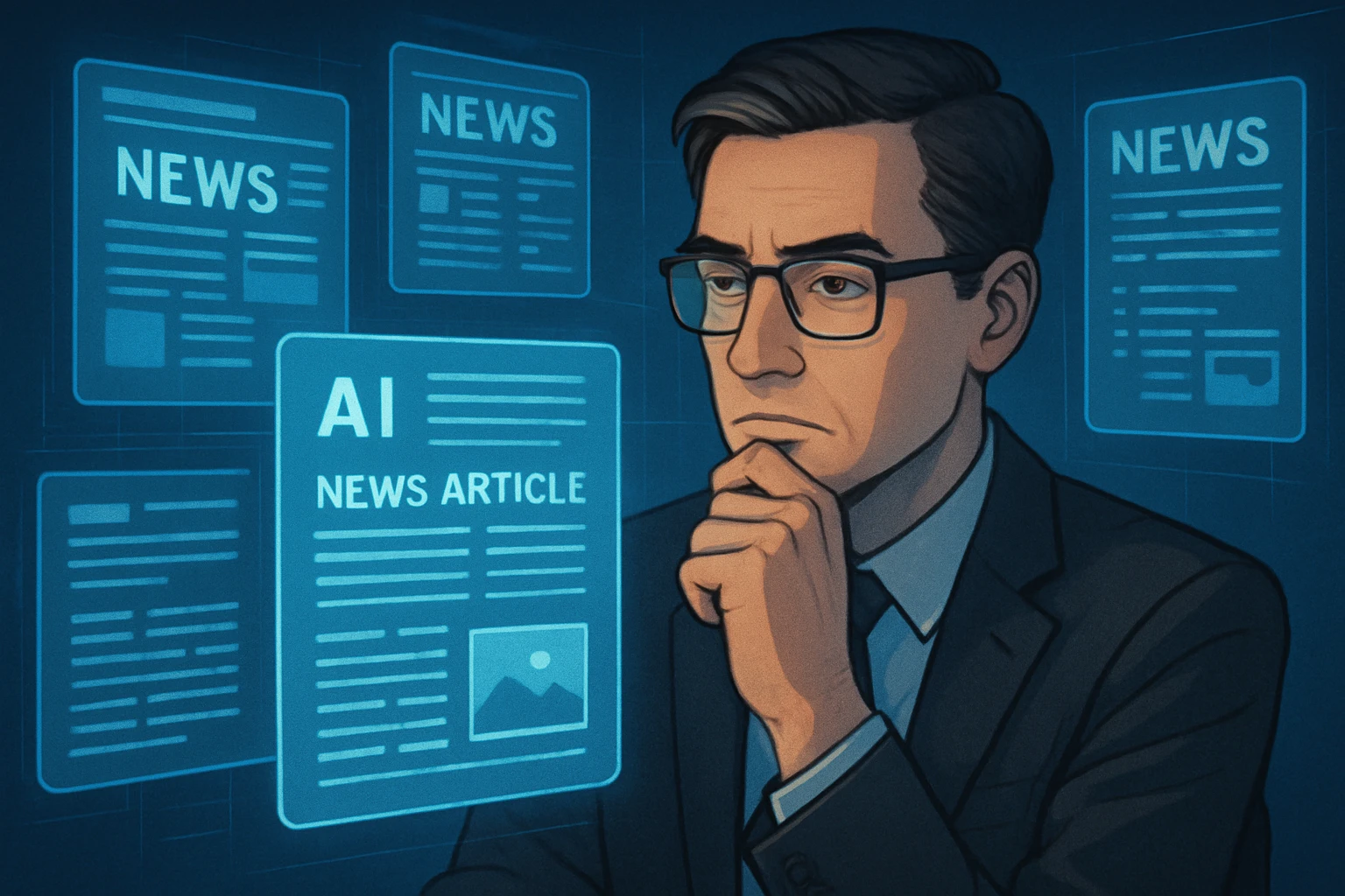 AI's Rapid Role in Spotting Fake News - A thoughtful journalist interacting with futuristic AI interfaces displaying news articles