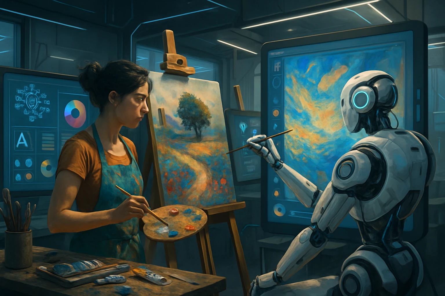 AI and Art: Bold New Canvas or Culture Clash? - A futuristic art studio blending traditional painting tools with AI-powered interfaces and robots collaborating with humans