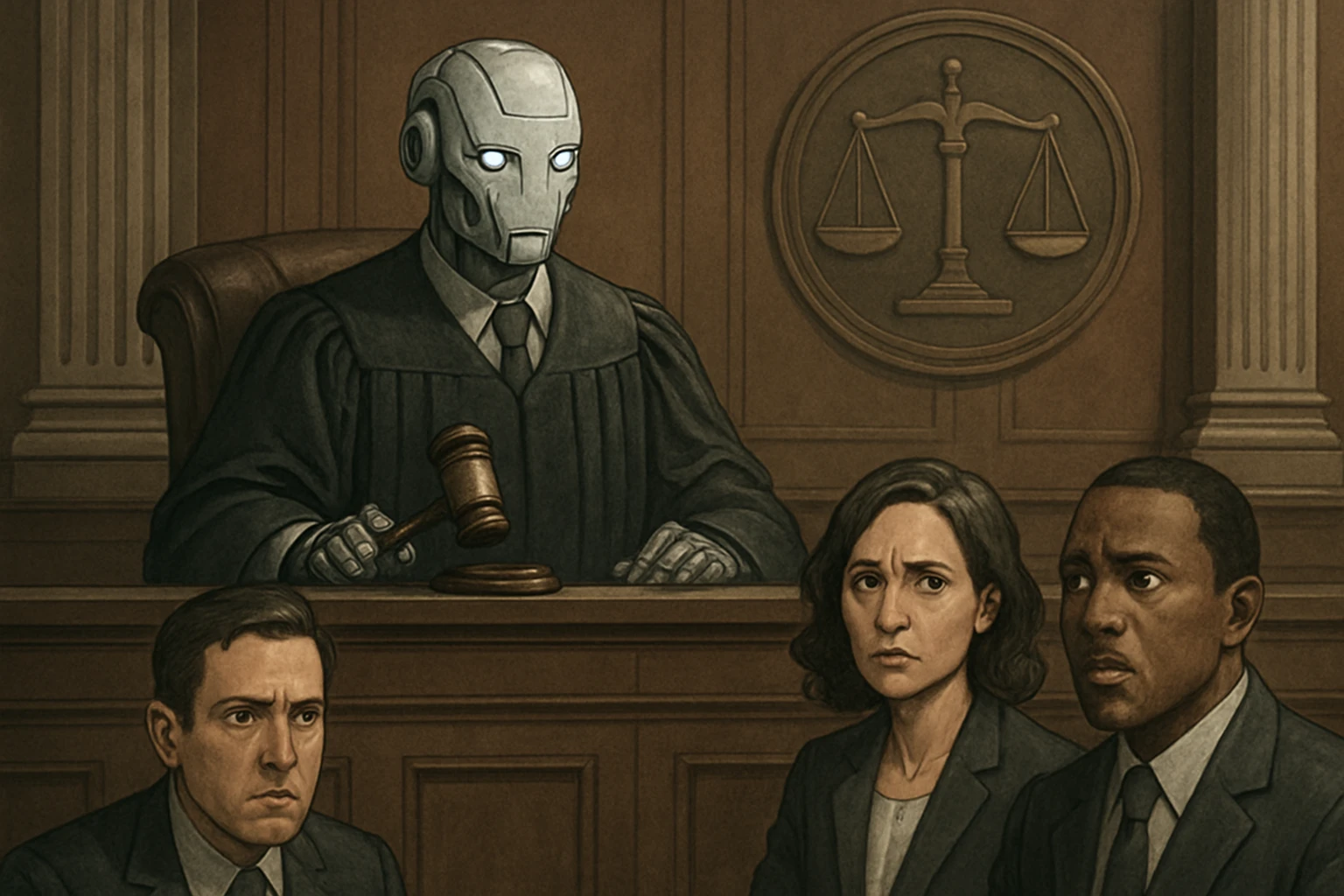The Hidden Struggles of AI in the Courtroom - Serious courtroom scene with a robotic judge and concerned lawyers
