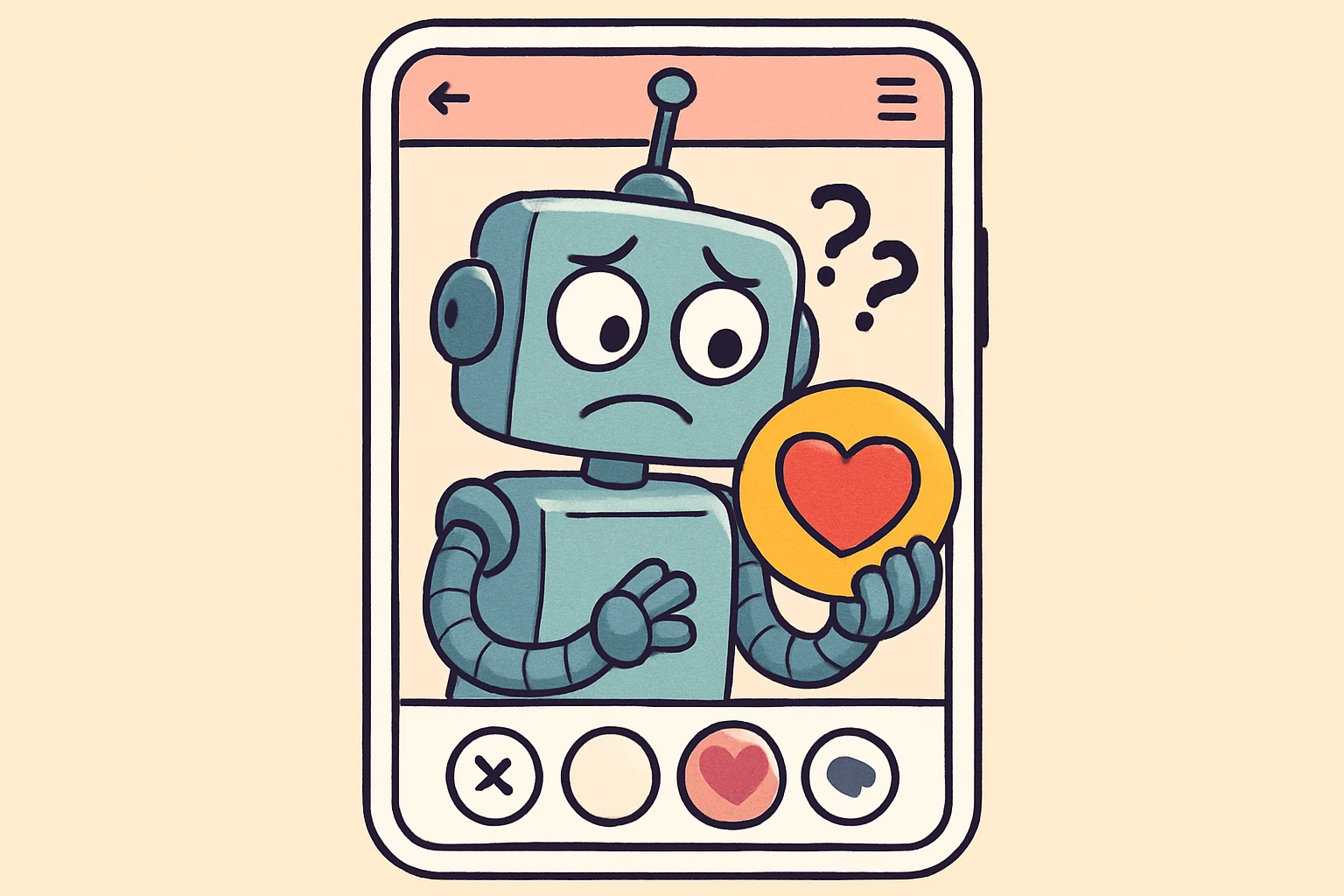Can AI Tell If Someone Likes You Back? - A confused cartoon robot holding a heart-shaped emoji in a dating app interface