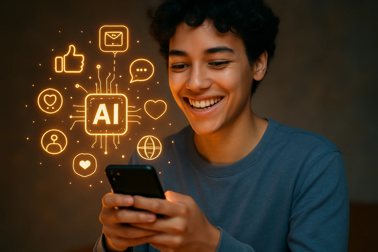 5 Surprising Ways AI Levels Up Social Media - Young adult smiling while using smartphone, glowing interface icons representing AI and social media around them