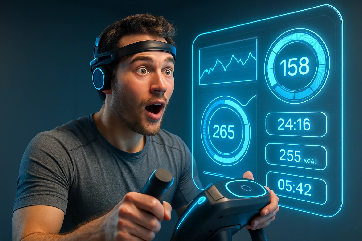 AI Fitness Tools: Hype or a Game Changer? - Person using futuristic fitness tech, amazed