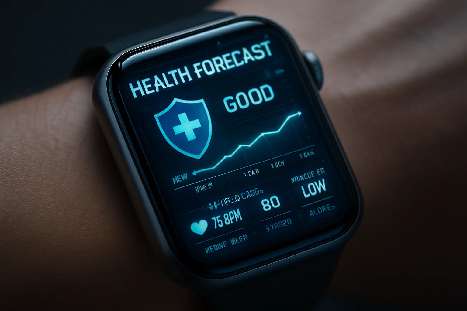 AI Can Predict Your Health—Here’s How! - Smartwatch or wearable device displaying health forecast data, futuristic and tech-driven vibes