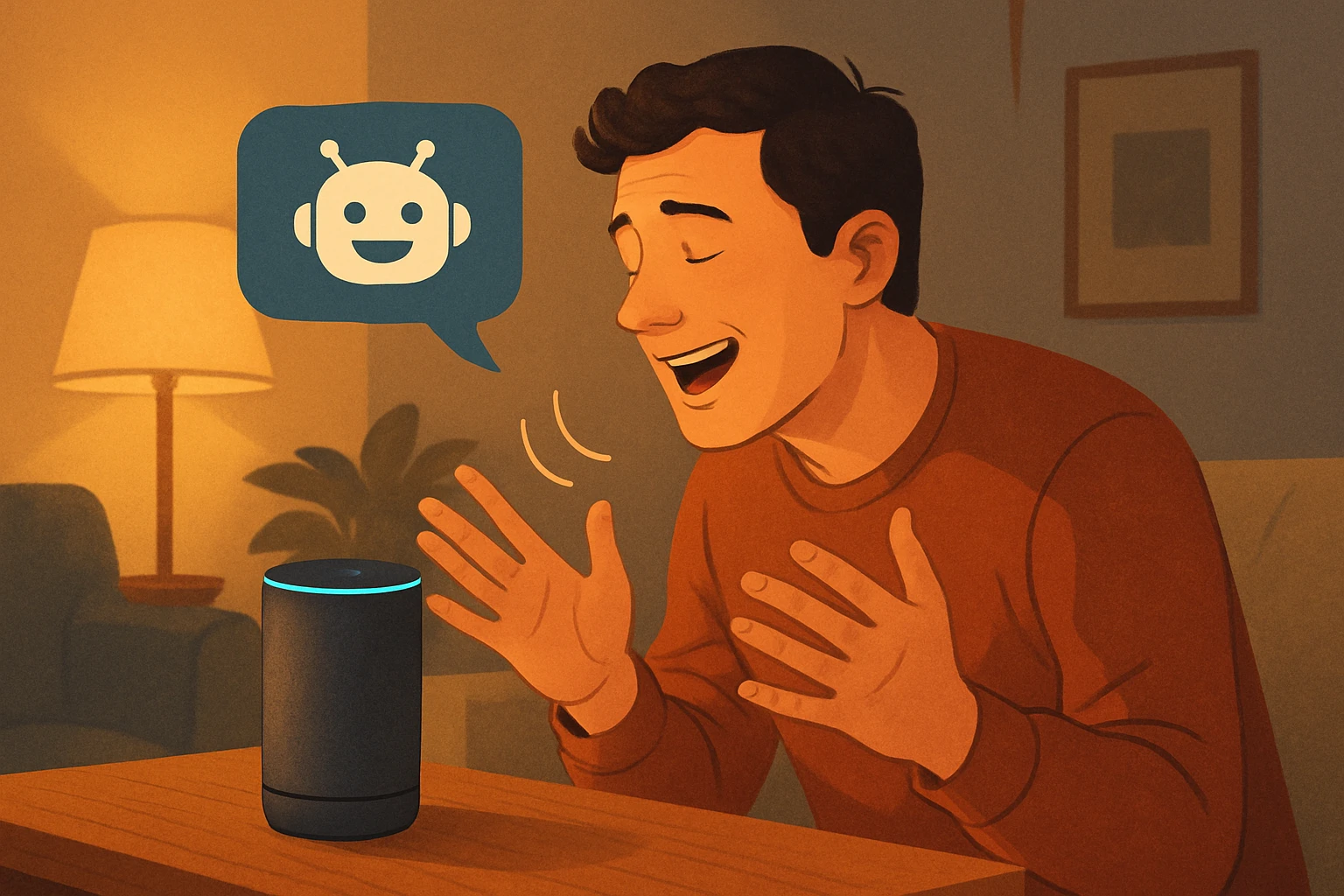 AI in Mental Health: Hope or a Hidden Risk? - Conceptual image of a person talking to a chatbot or voice assistant in a cozy room, showing emotion and technology interaction