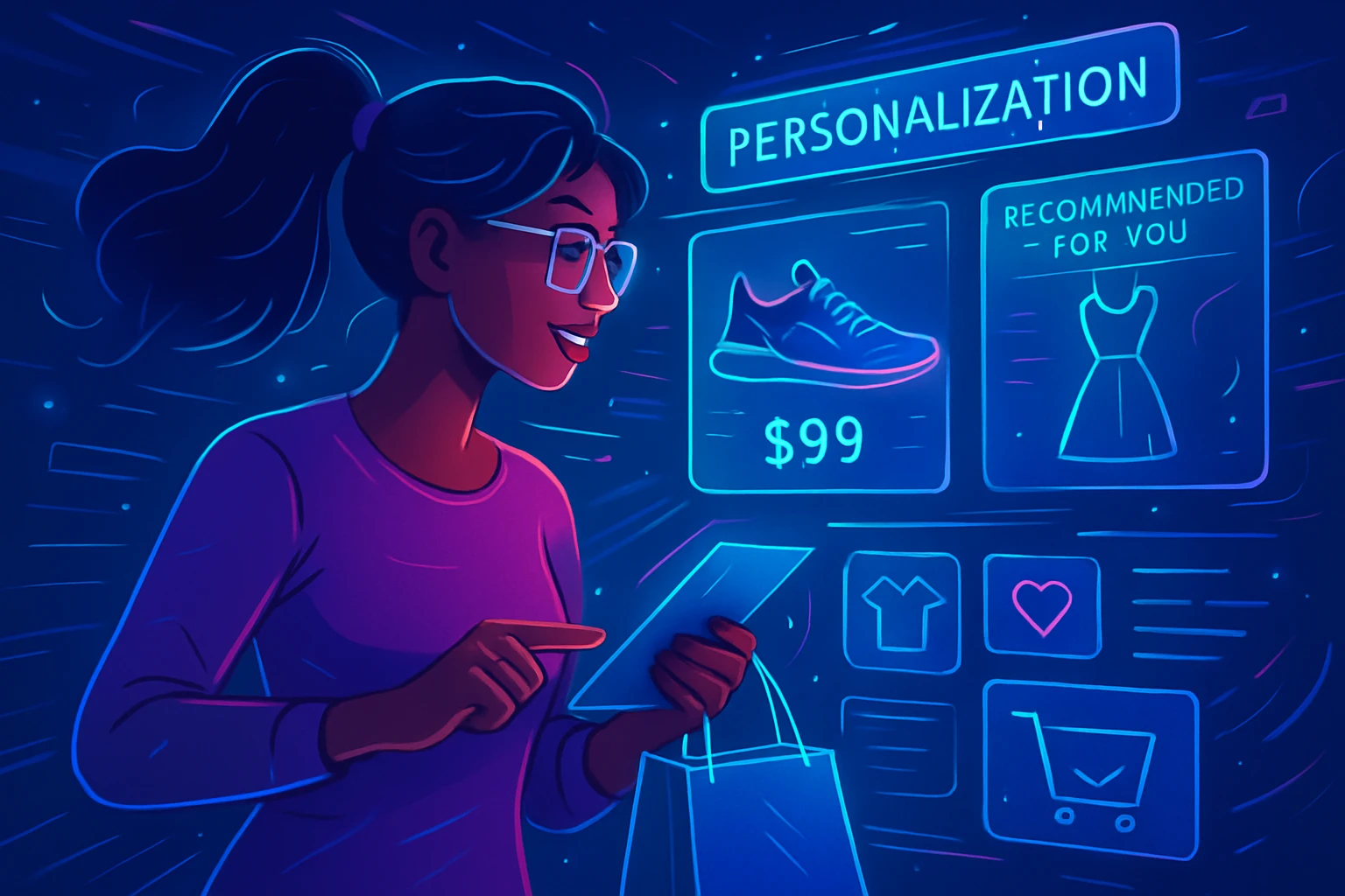 How AI Personalization Transforms E-commerce - A futuristic, dynamic image showing digital personalization in an online shopping scenario
