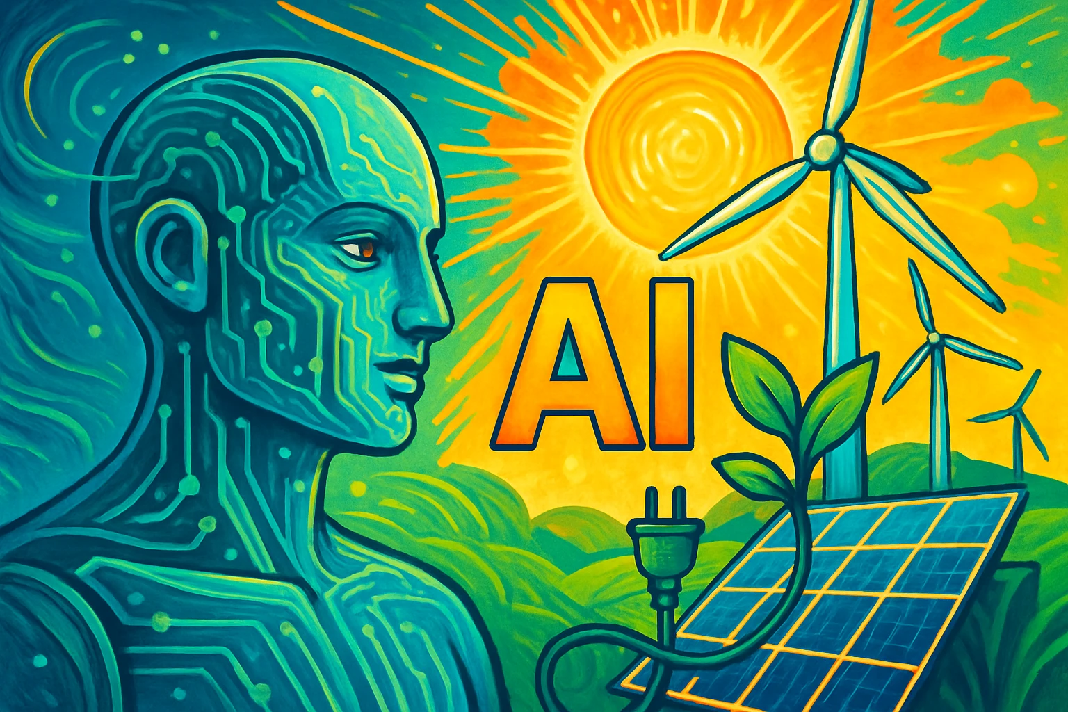 AI & Renewable Energy: Powering Our Future - Vibrant image showing fusion of AI and green energy