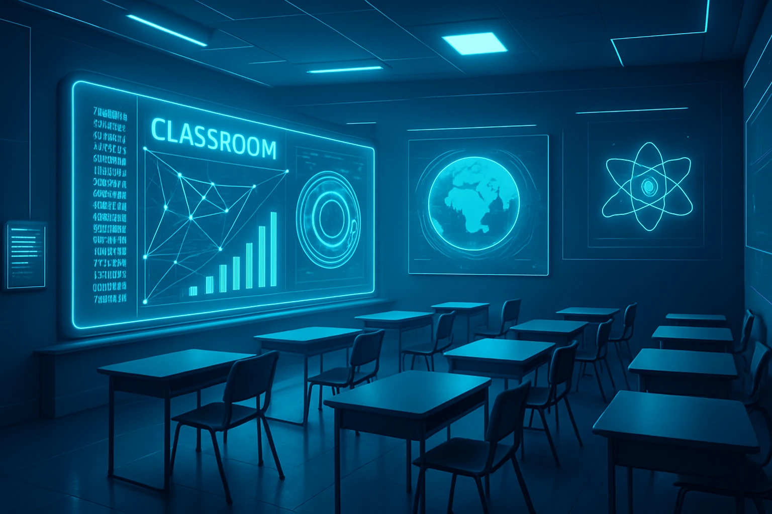 AI in Online Learning: Transforming Education - Futuristic classroom with digital elements