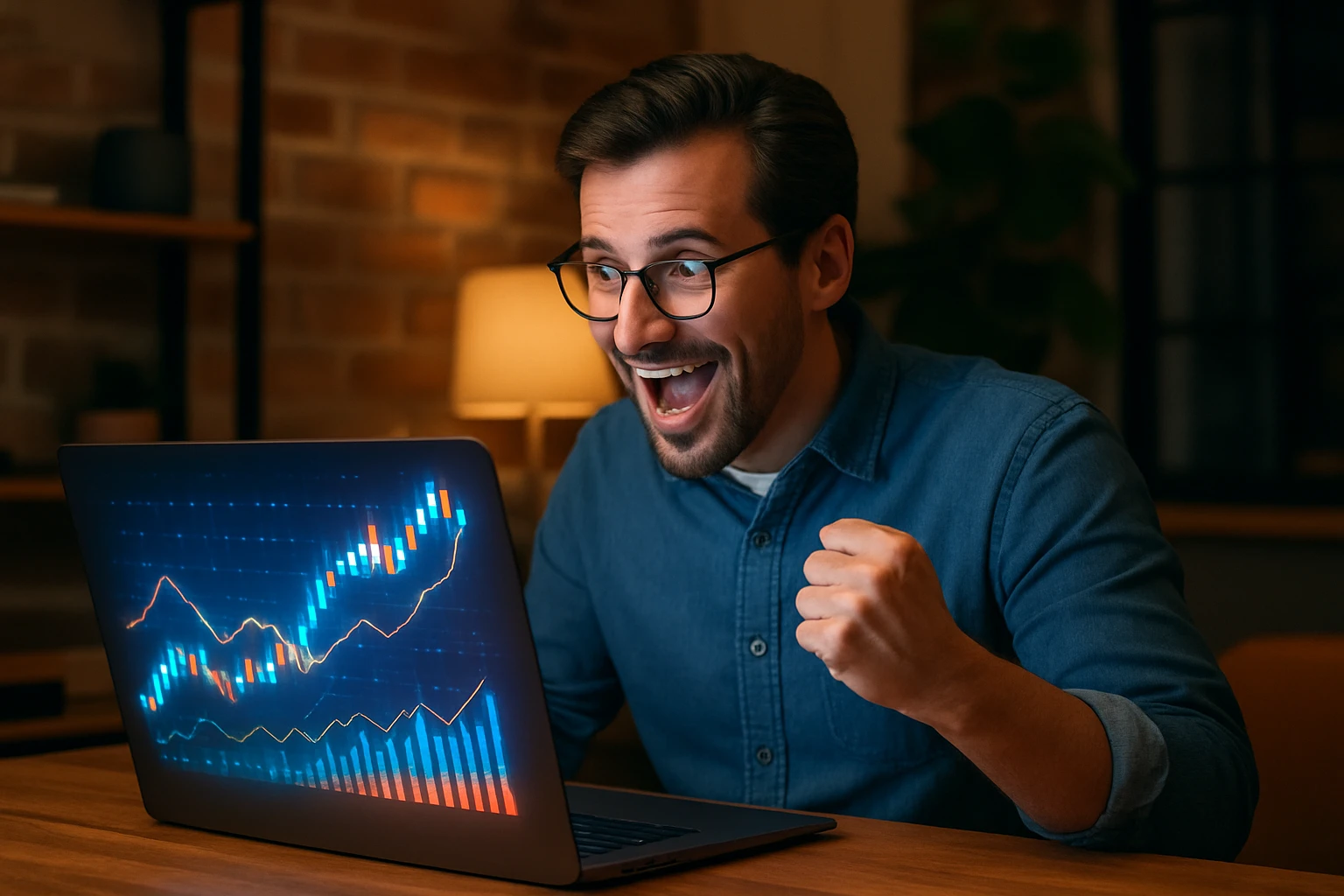 Unlock Market Wins with Clever AI Predictions - An enthusiastic investor looking at glowing AI-generated market charts on a laptop in a cozy, modern workspace