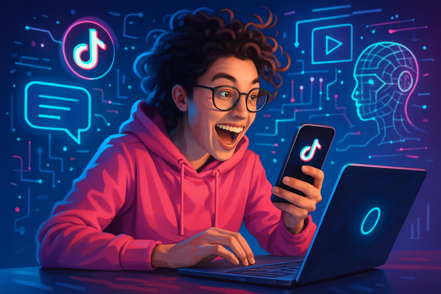 How AI Can Skyrocket Your TikTok Influence - Excited TikTok influencer using a laptop and phone, surrounded by futuristic tech and AI elements, modern and energetic vibe