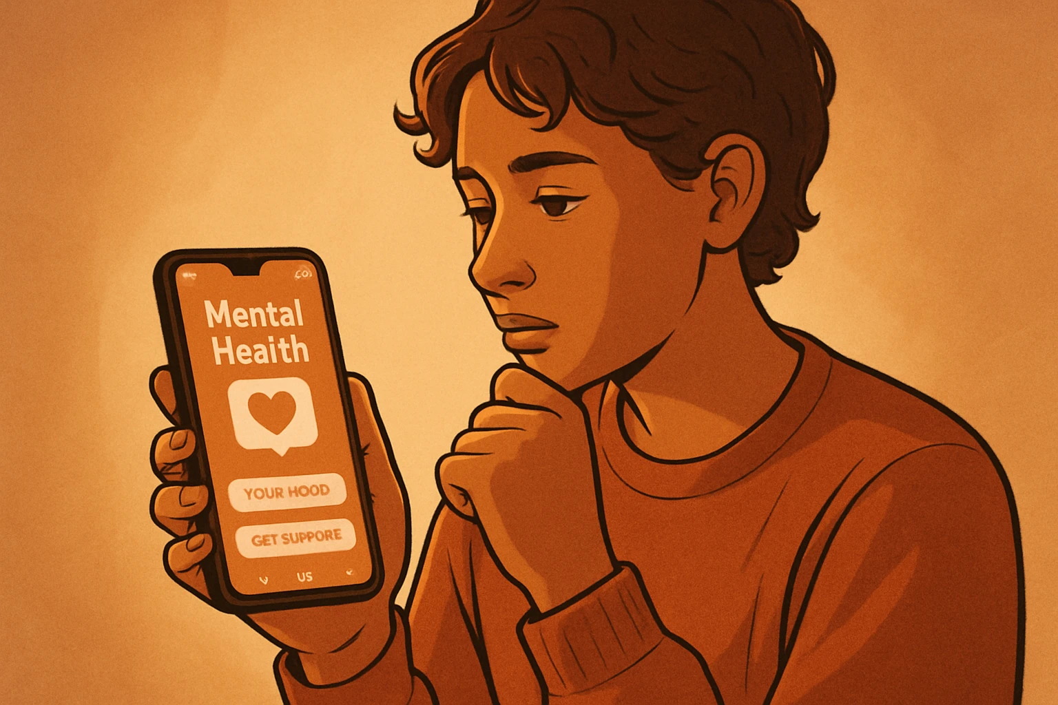 Can AI Tools Really Transform Mental Health? - A thoughtful young person using a mental health app on a smartphone, warm tones, comforting and tech-savvy aesthetic