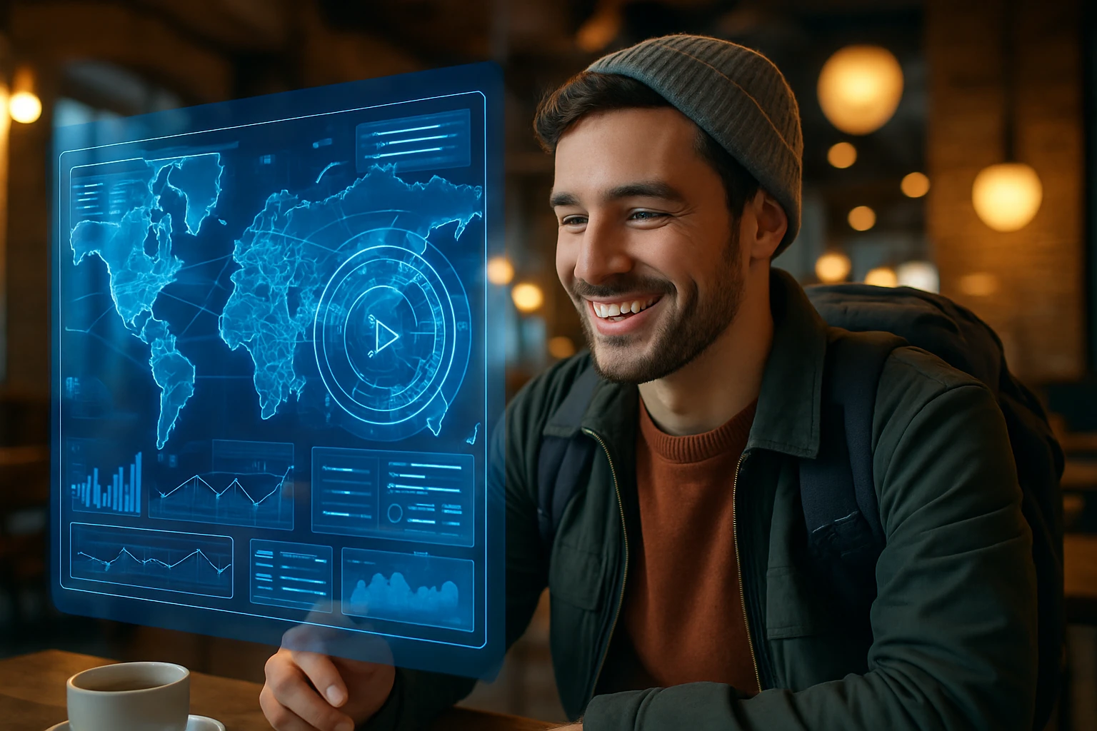 Transform Your Travel Plans With Smart AI Tools - Modern traveler looking at a futuristic digital map or interface while smiling in a cozy cafe or airport setting