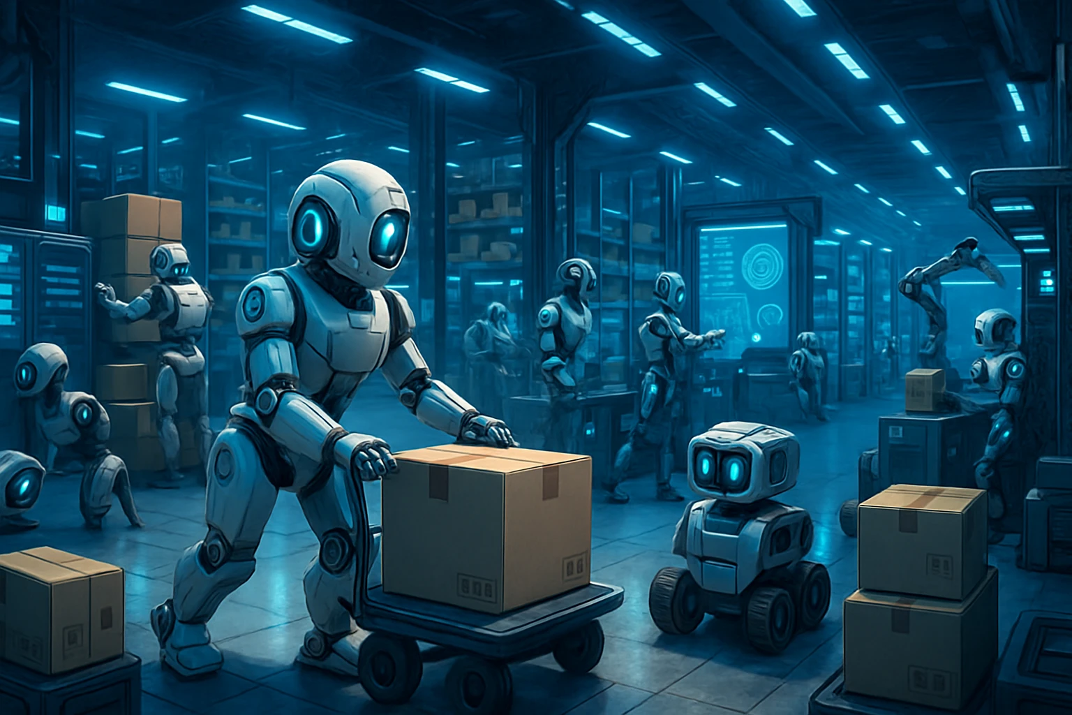 Revolutionizing Warehouses with Automation - Futuristic warehouse bustling with robots and tech