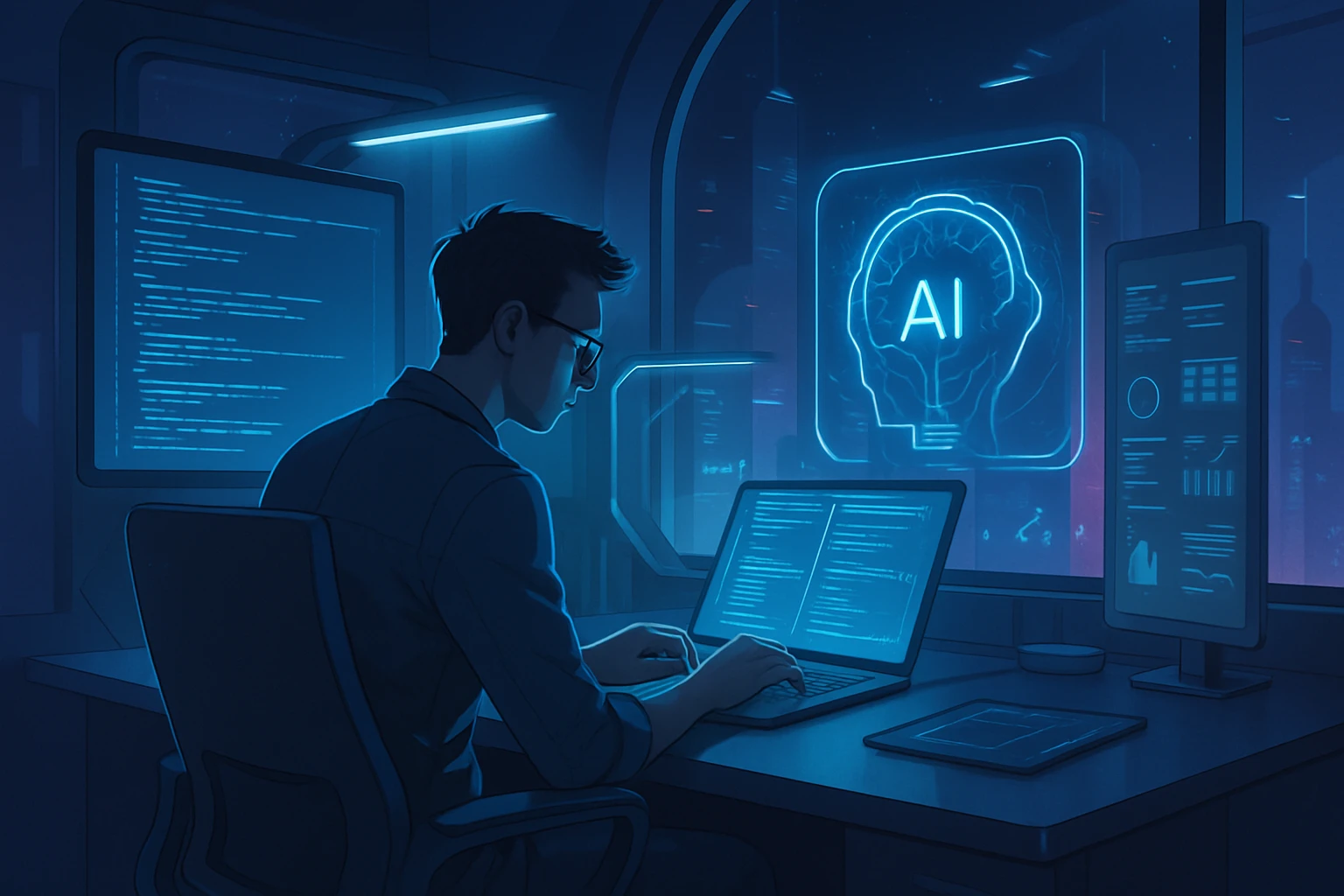 Revolutionize Your Freelance Career with AI - A futuristic freelancer workspace with AI integration