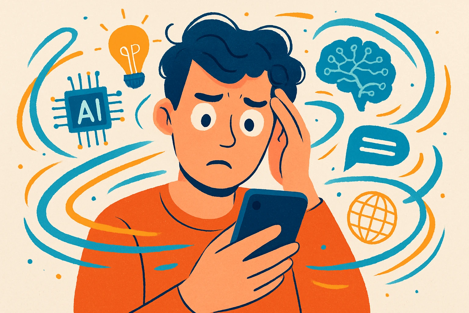 How Deepfake Voices Threaten Your Privacy - A perplexed person holding a phone with AI elements swirling around