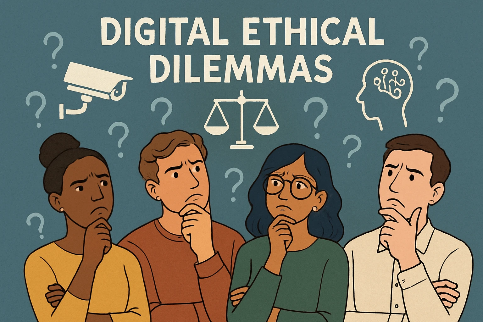 AI Ethics: Navigating Future Challenges - A diverse group of people pondering over digital ethical dilemmas
