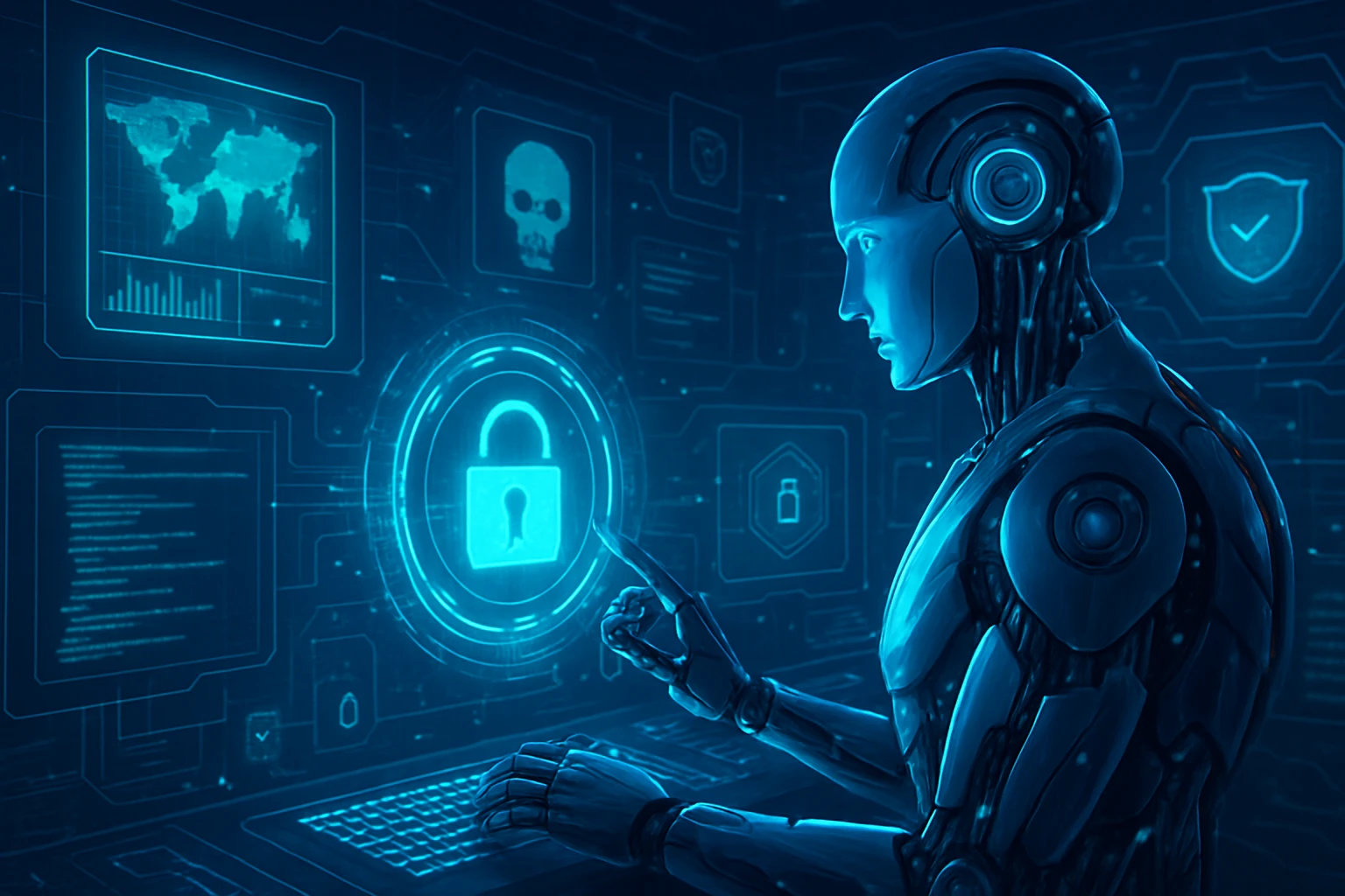 AI's Bold Future in Cybersecurity Threats - Futuristic depiction of AI working in cybersecurity