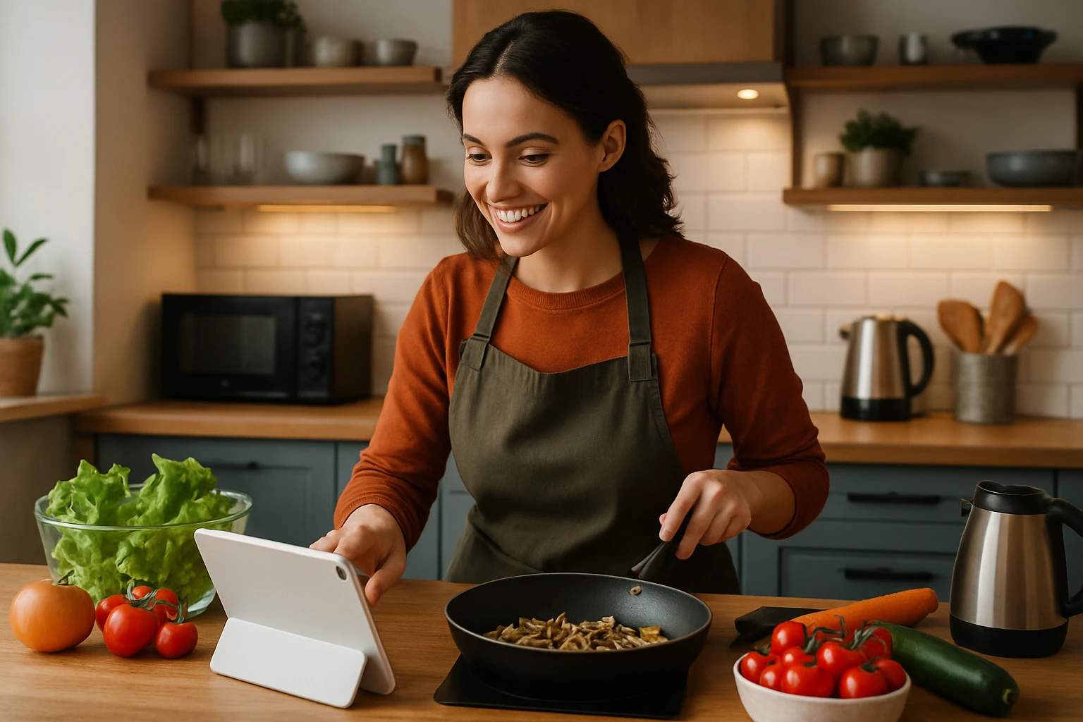 How AI Is Spicing Up Your Cooking Game - A cozy, modern kitchen with a happy home cook using a tablet or smart screen, surrounded by fresh ingredients and sleek gadgets.
