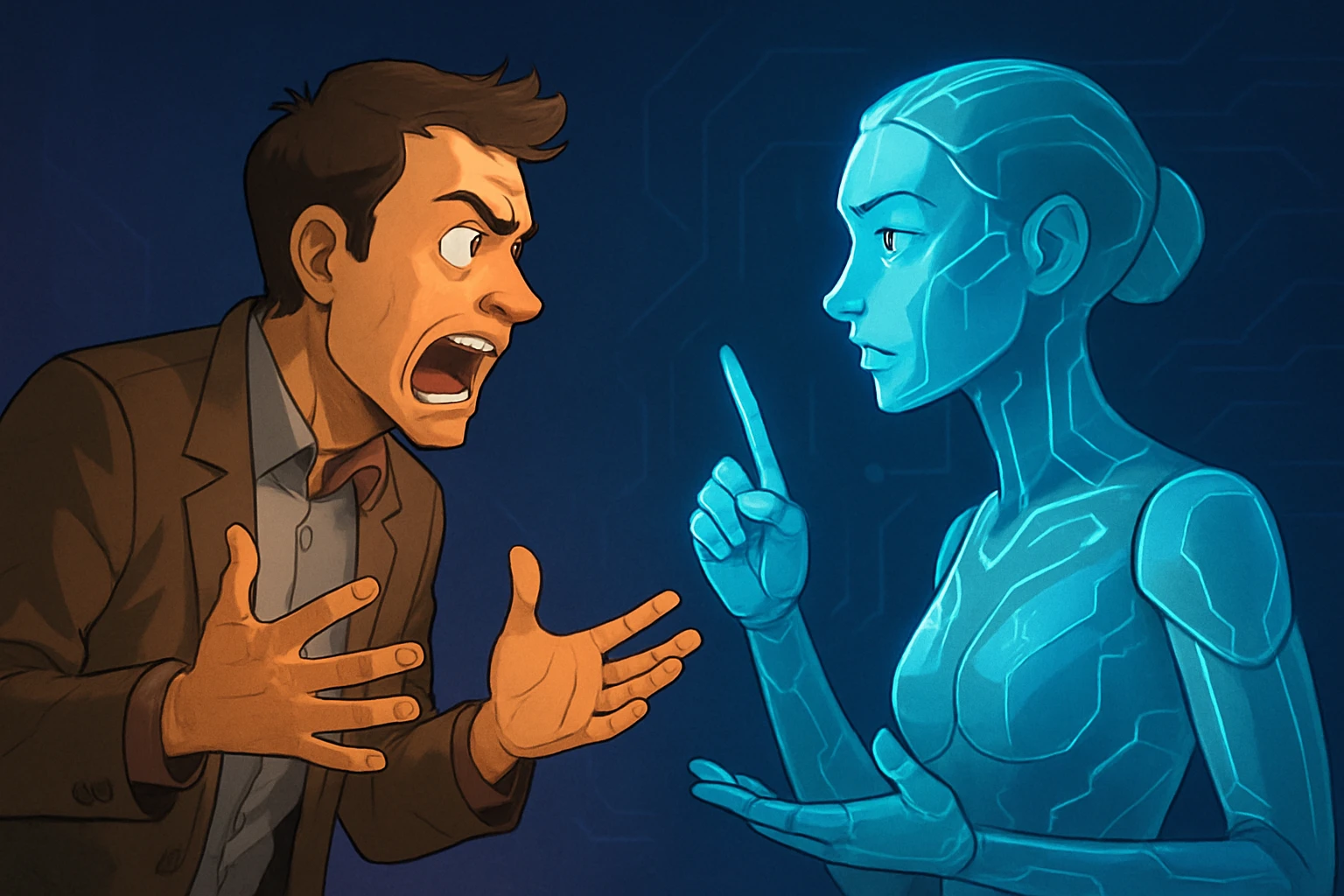 Why We Argue With AI (And Love It Anyway) - A human animatedly debating with a futuristic AI avatar, with contrasting emotional expressions