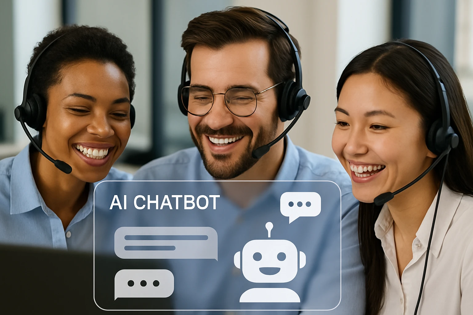 AI Chatbots Revolutionizing Customer Support - Smiling customer service team interacting with AI chatbot interface