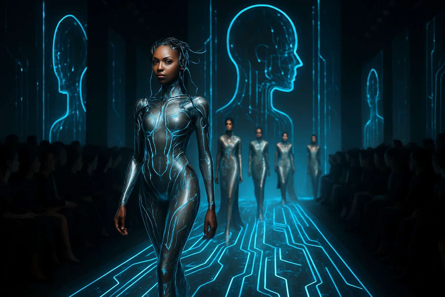 AI Transforms Haute Couture: Fashion's New Era - A futuristic fashion runway depicting AI influence