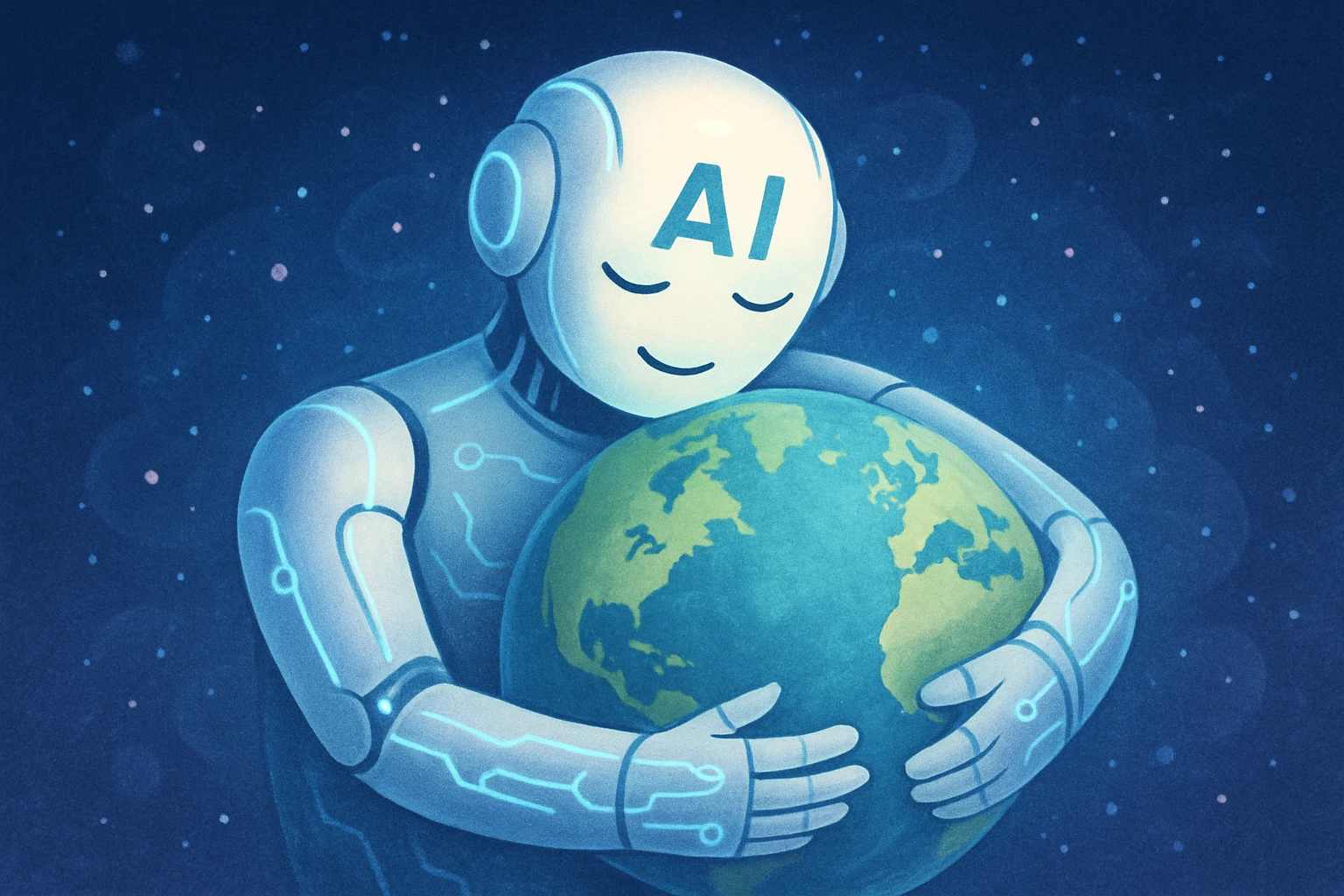 AI Reshapes Response to Global Health Crises - Illustration of AI technology enveloping the globe in a protective embrace