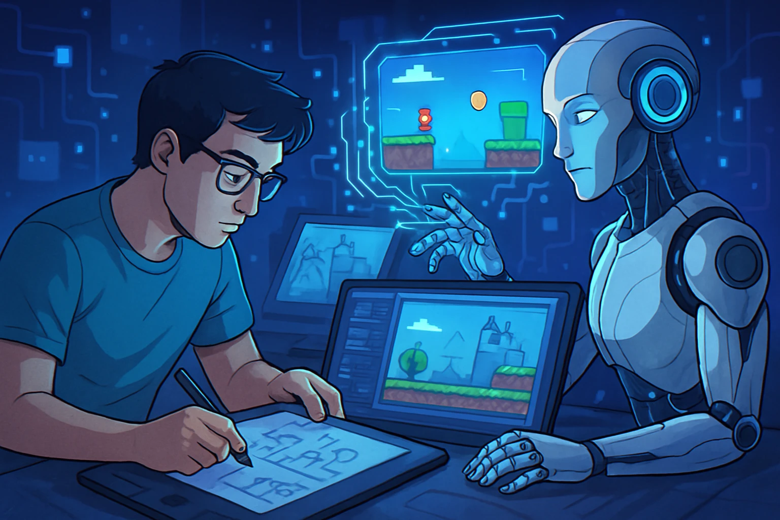 How AI is Transforming Game Design Forever - Futuristic scene showing AI integrating with human creativity in game design