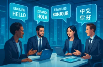 AI Translation: Transforming Global Business - An imagery capturing multilingual communication in a futuristic business setting