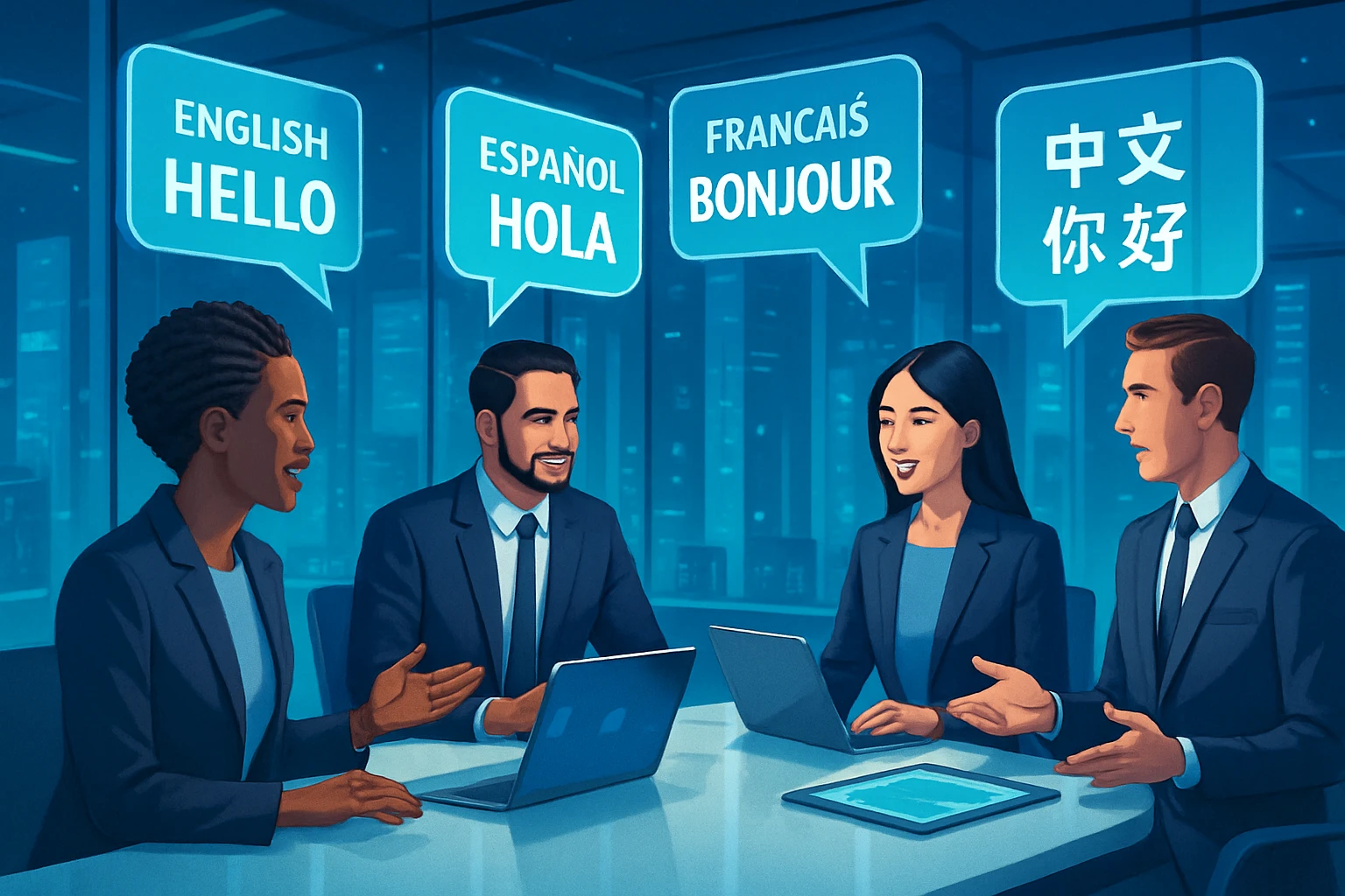 AI Translation: Transforming Global Business - An imagery capturing multilingual communication in a futuristic business setting