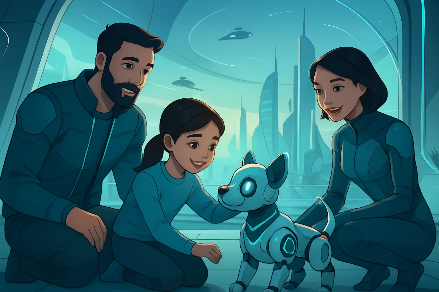 AI Pets: Discover the Future Companions - Futuristic scene with a family and an AI pet