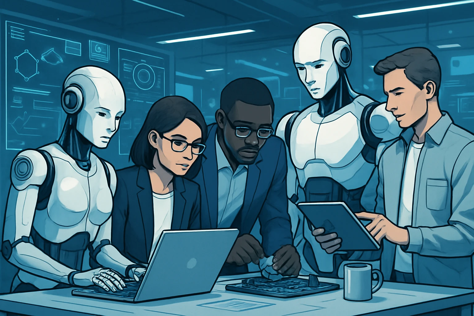 5 AI Startups Reshaping Tech in 2025 - Futuristic image of robots and humans collaborating in tech innovation
