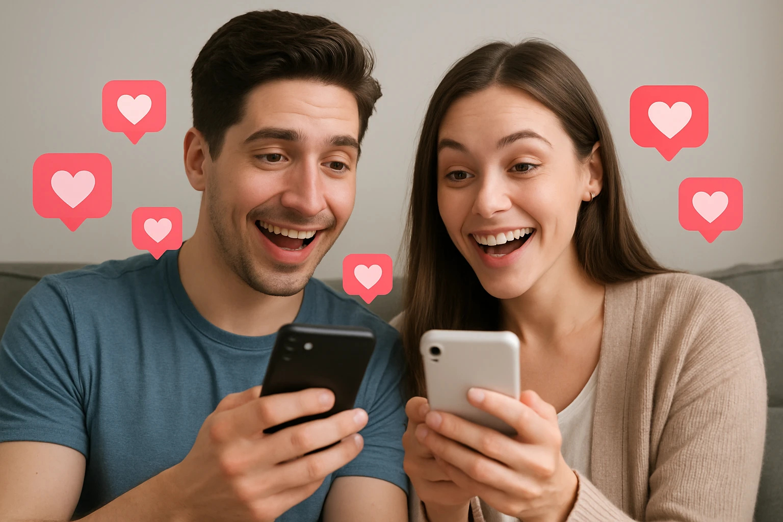 AI Dating Apps: Transforming Love & Connection - A modern, tech-savvy couple using dating apps, excited and hopeful