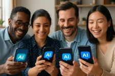 Boost Language Skills with AI Innovations! - An engaging image of a diverse group using AI language apps happily