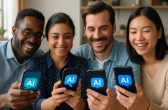 Boost Language Skills with AI Innovations! - An engaging image of a diverse group using AI language apps happily
