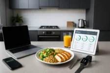 AI Nutrition: Your Smart Health Revolution - A modern kitchen with tech devices and a healthy meal setup
