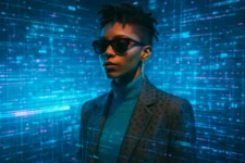 Transform Your Style with AI Fashion Wizardry - An image showing a fashionable person surrounded by digital elements, like data streams or holograms.