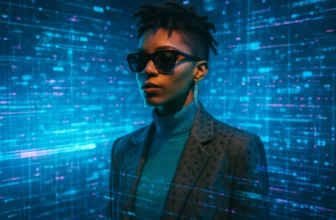 Transform Your Style with AI Fashion Wizardry - An image showing a fashionable person surrounded by digital elements, like data streams or holograms.