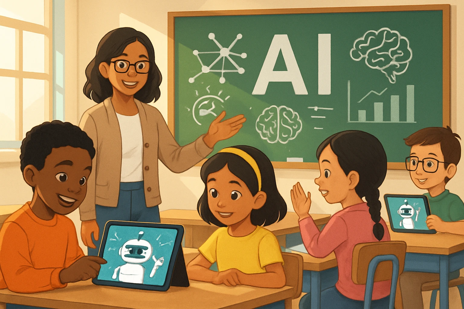 AI Revolutionizing Kids' Education Today - Diverse classroom with AI-assisted learning